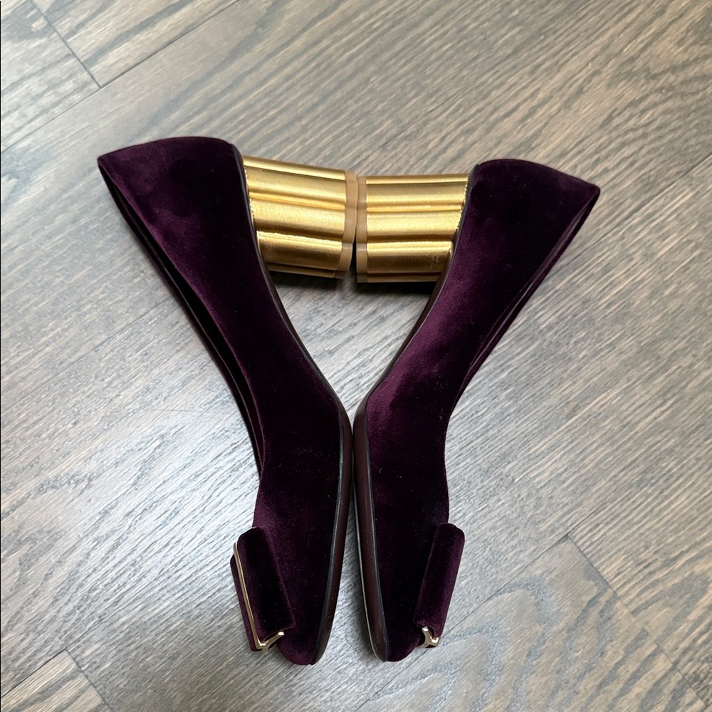 Salvatore Ferragamo Velvet Heels in Deep Burgundy with Gold Accent - Picture 3 of 3